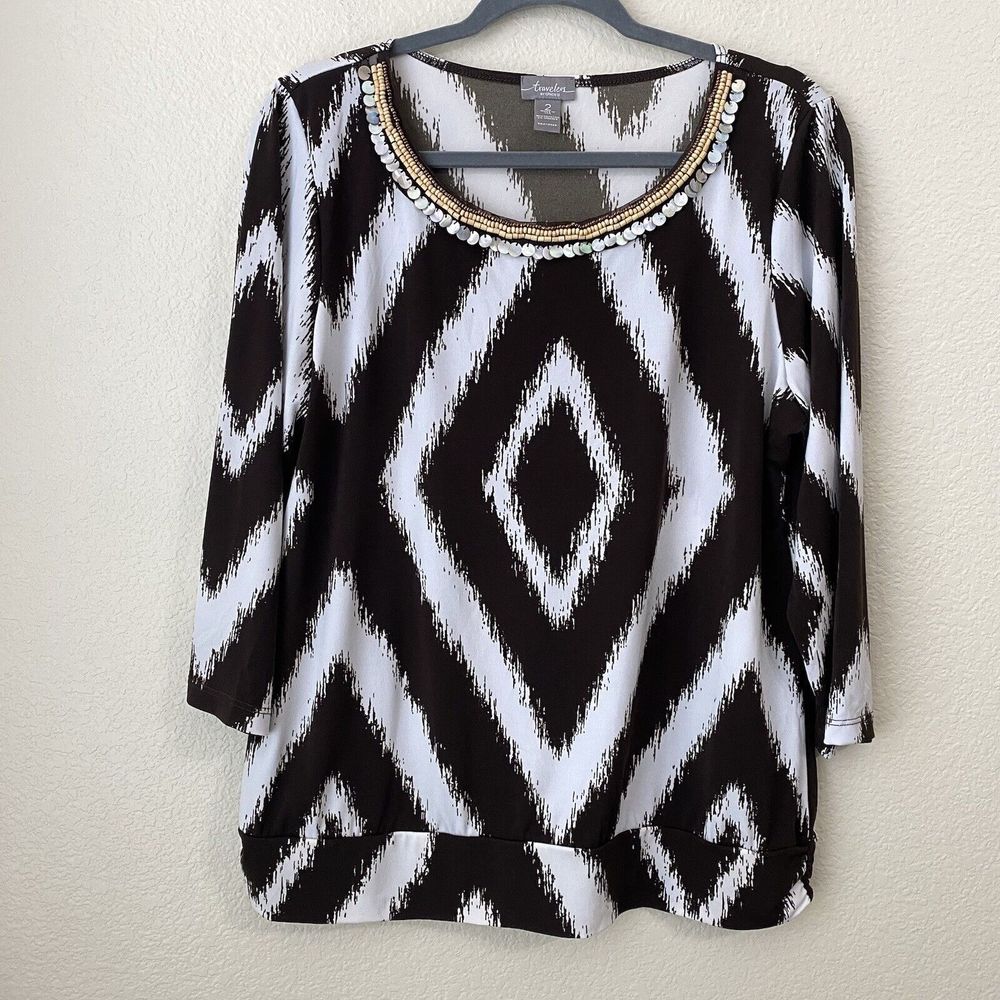 Chicos Travelers Blouse Top Womens Size 2 Large Ikat Beaded Trim Stretch - Picture 1 of 7
